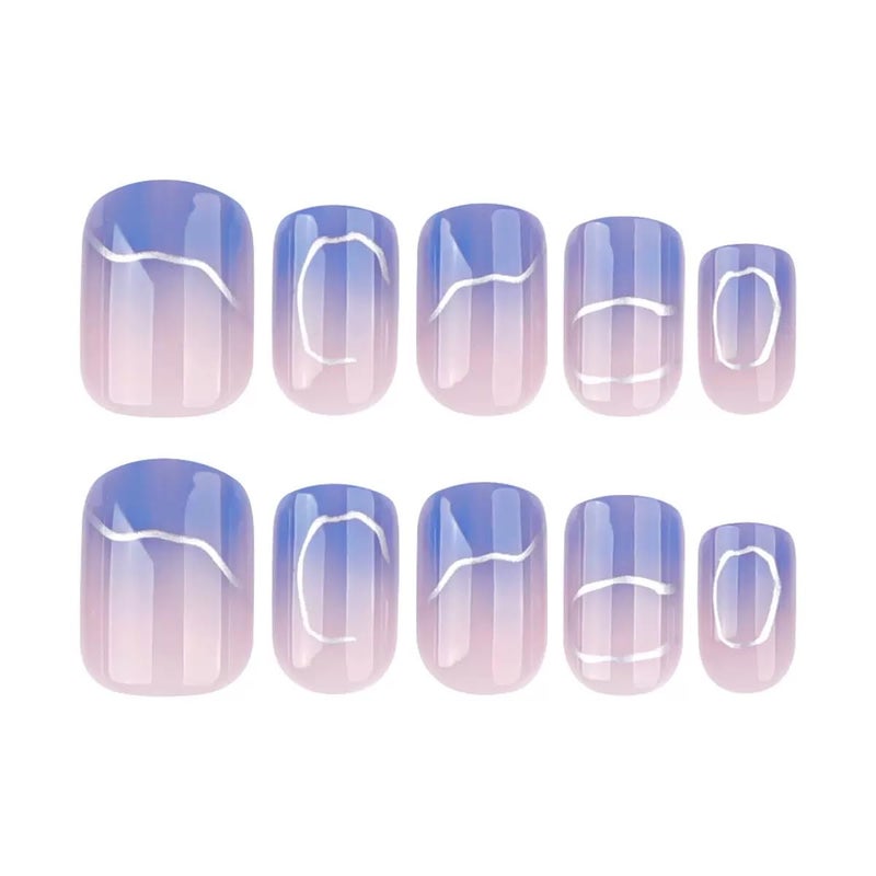 CTTHNBD Press on Nails Short - Square Fake Nails with Silver Irragular Design - Blue Ombre False Nails Press ons - for Women 24 Pcs - Image 5